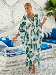 Tropical Print Maxi Kaftan Beach Dress V Neck Split Abaya Dress