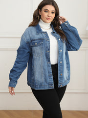 Casual Denim Jacket Women's Plus Washed Ripped Button Up Long Sleeve