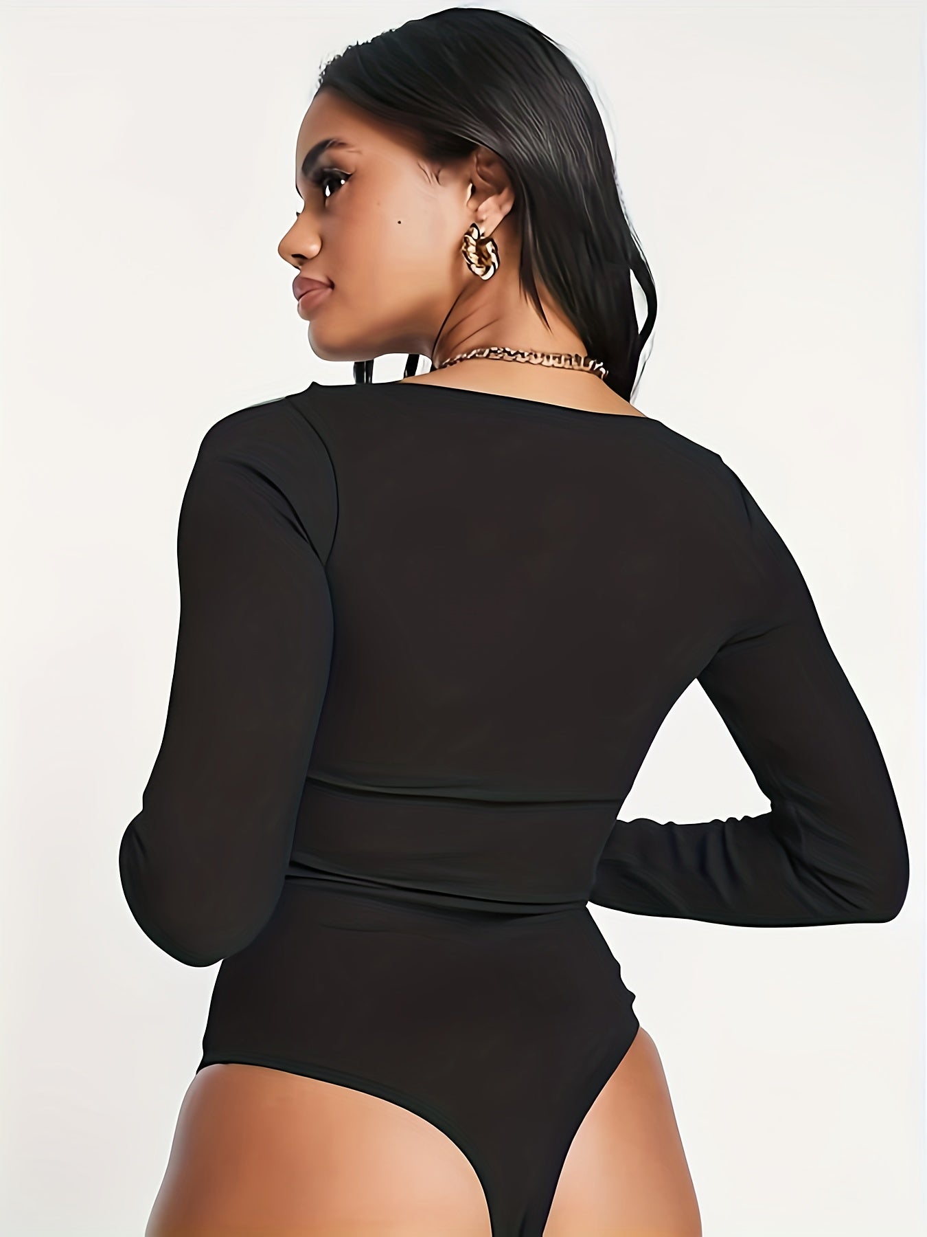 Solid Cut Out Long Sleeve Scoop Trim Bodysuit