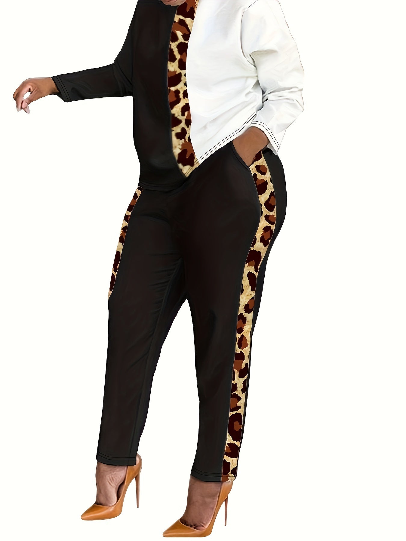 Women's Plus Colorblock Leopard Print Top & Pants Set