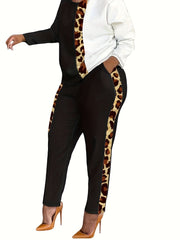 Women's Plus Colorblock Leopard Print Top & Pants Set