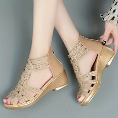 Women's Rhinestone Sandals Open Toe Block Heel Roman Shoes