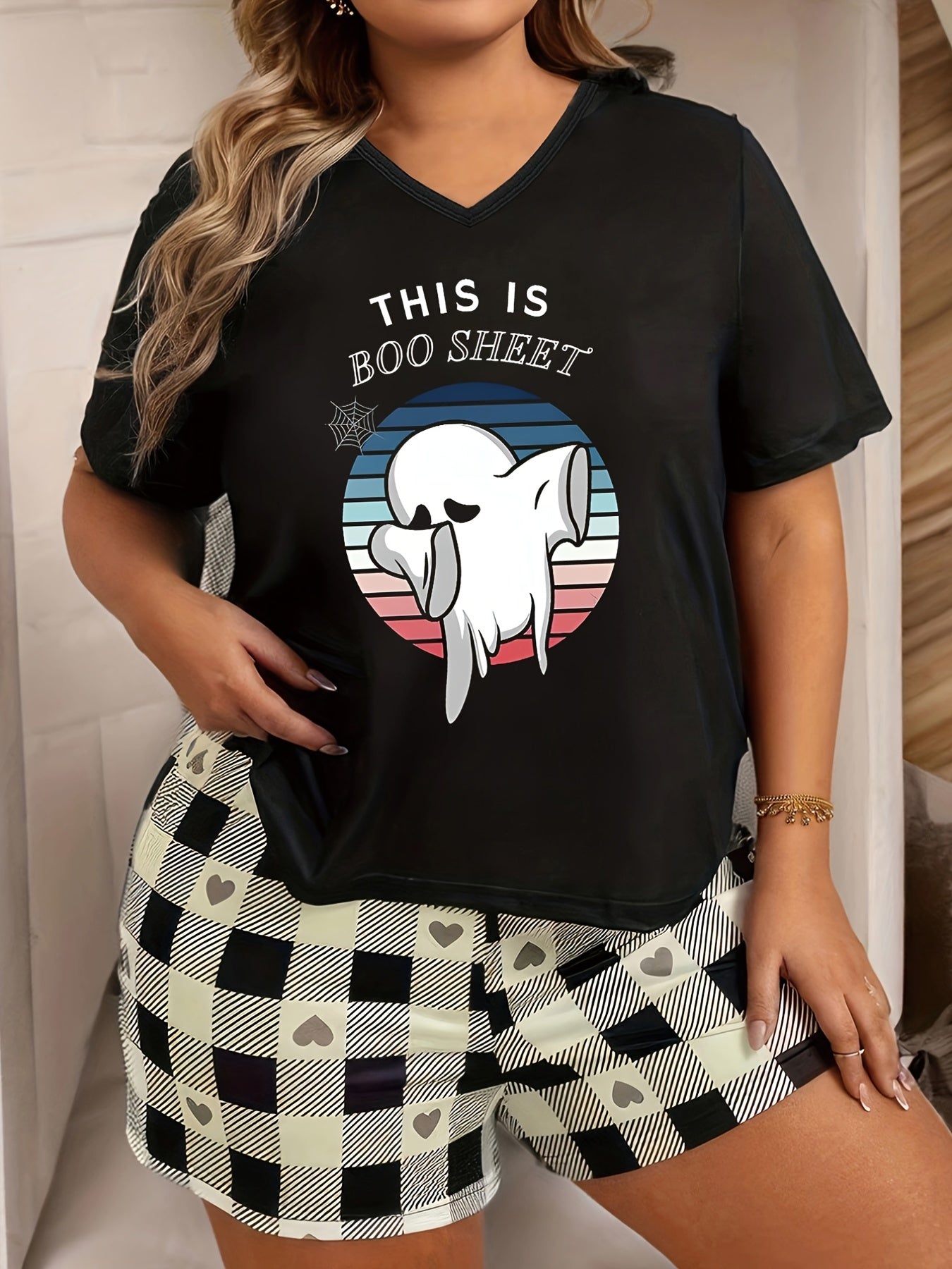 Halloween Lounge Top Women's Plus Ghost & Slogan Print Pajama Top