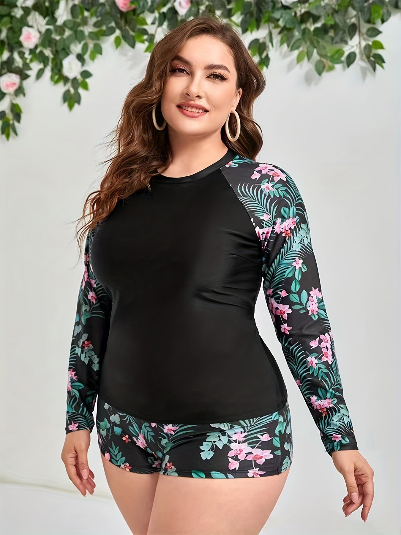 Colorblock Tropical Print Tankini Set