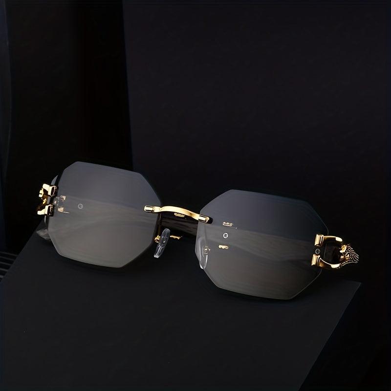 Vintage Wood Grain Square Rimless Sunglasses Leopard Temples