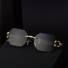 Vintage Wood Grain Square Rimless Sunglasses Leopard Temples