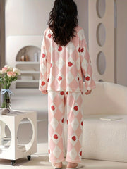 Fruit Print Pajama Set Long Sleeve V Neck Buttons Top & Argyle Pants