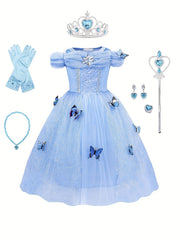 Girls Off Shoulder Princess Dress Mesh Lace Butterfly Holiday Party
