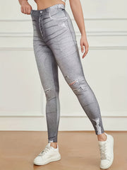 Denim Print Skinny Ripped Leggings for Women