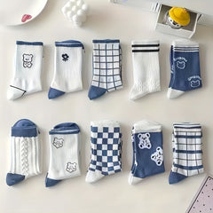5 Pairs Bear & Plaid Print Socks Mid Tube Women's Stockings