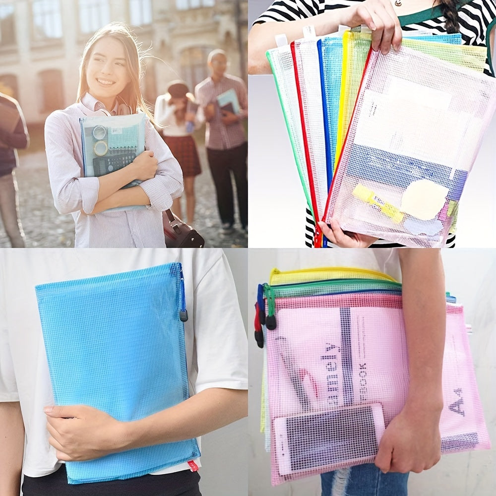 12pcs Zipper Mesh Bag Plastic File Bag School Office Supplies
