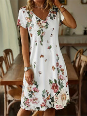 Floral V Neck Dress Short Sleeve Casual Summer Dress