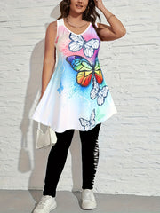 Butterfly Print Lace Panel Tank Top