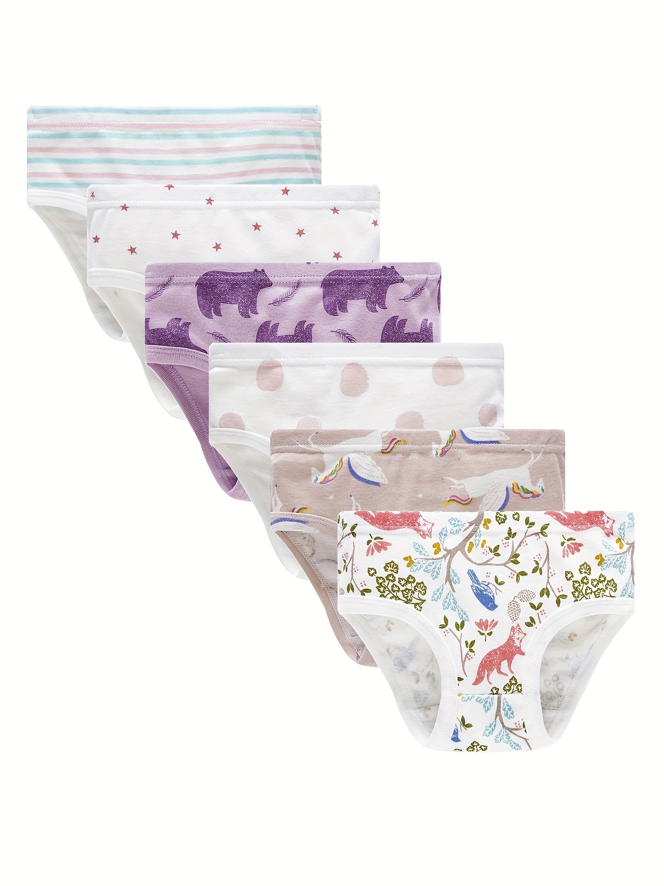 6pcs Girls Triangle Panties Cartoon Fruits Animals Print Elastic Waist Underwear
