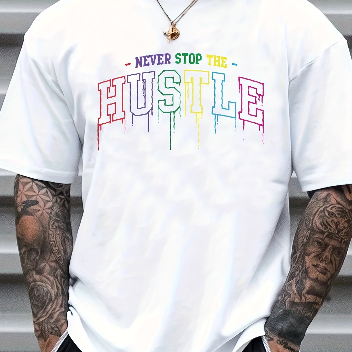 Men's Hustle Print Graphic Crew Neck T-shirt for Summer