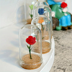 Dollhouse Furniture Rose in Glass Dome Decorative Simulated Flower Red Green