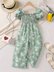 Toddler Girls Puff Sleeve Flower Graphic Rompers Jumpsuits for Beach Vacation