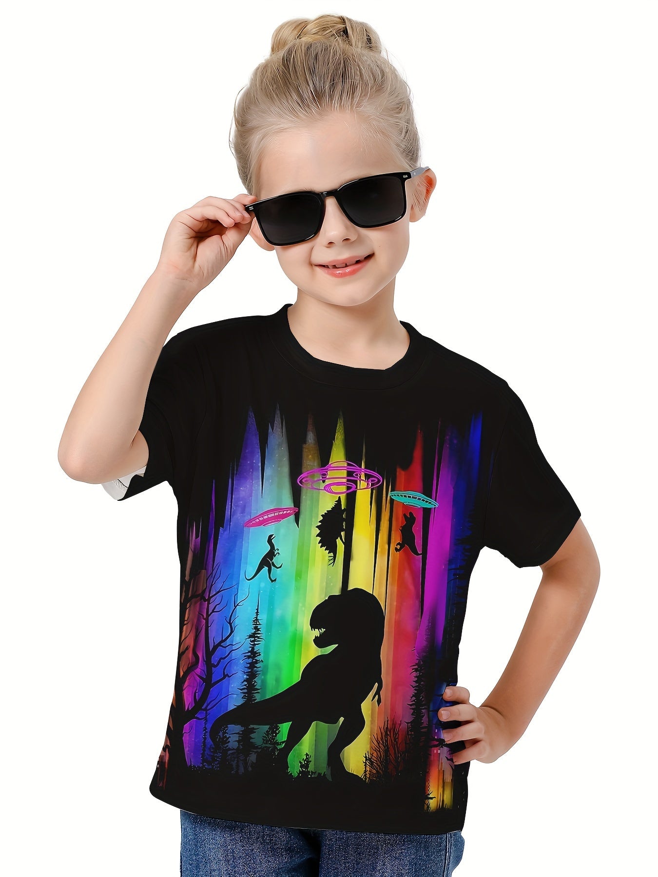 Rainbow Dino Graphic Crew Neck T-shirt Girls Casual Summer Tops