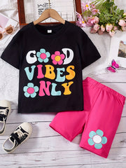Girls Flower & Letter GOOD VIBES T-Shirt & Shorts Set