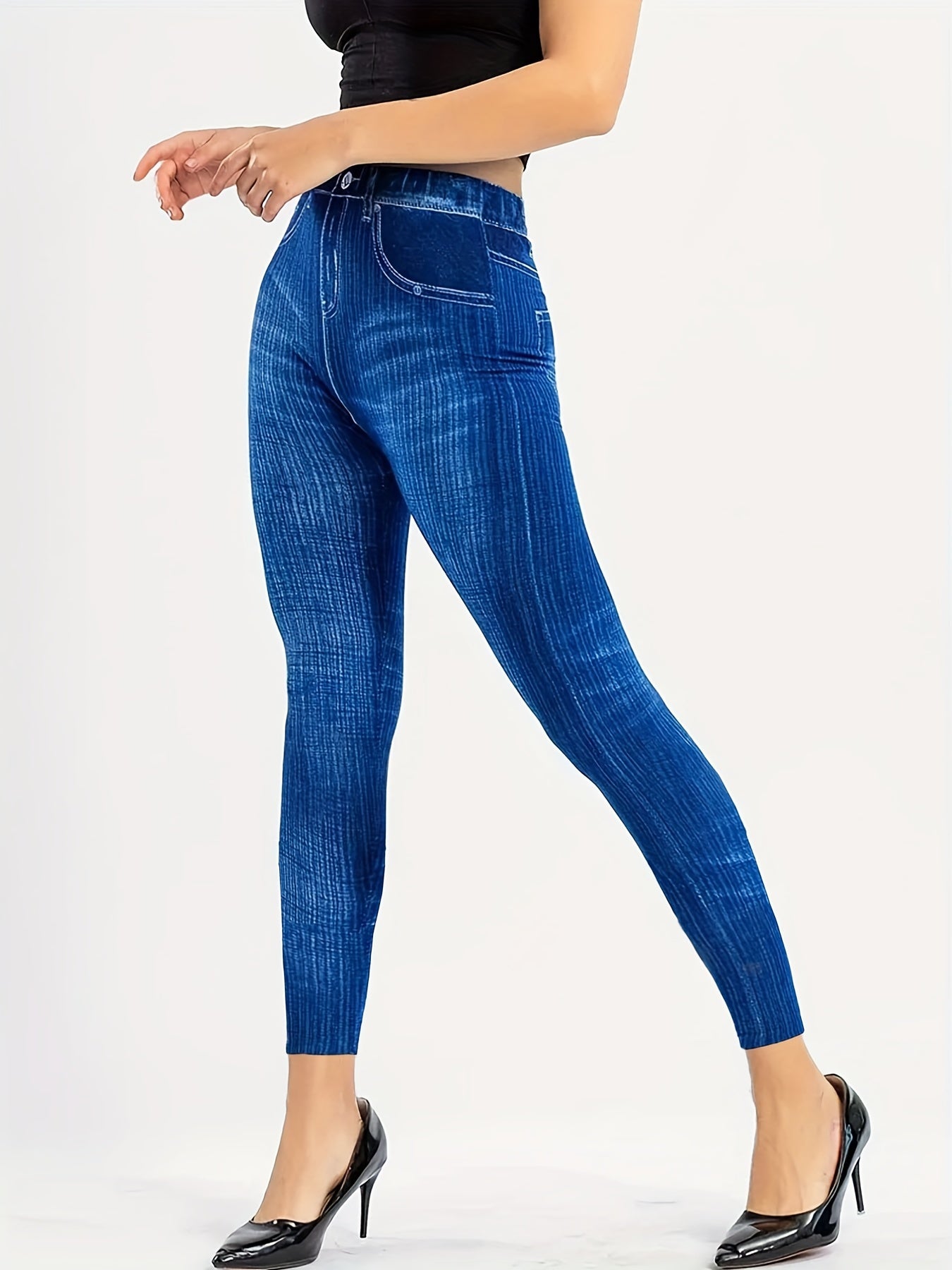 Denim Print High Waist Skinny Leggings Vintage Stretchy Leggings