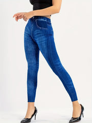 Denim Print High Waist Skinny Leggings Vintage Stretchy Leggings