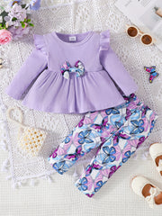 2pcs Girls Bowknot Top Butterfly Print Pants Set