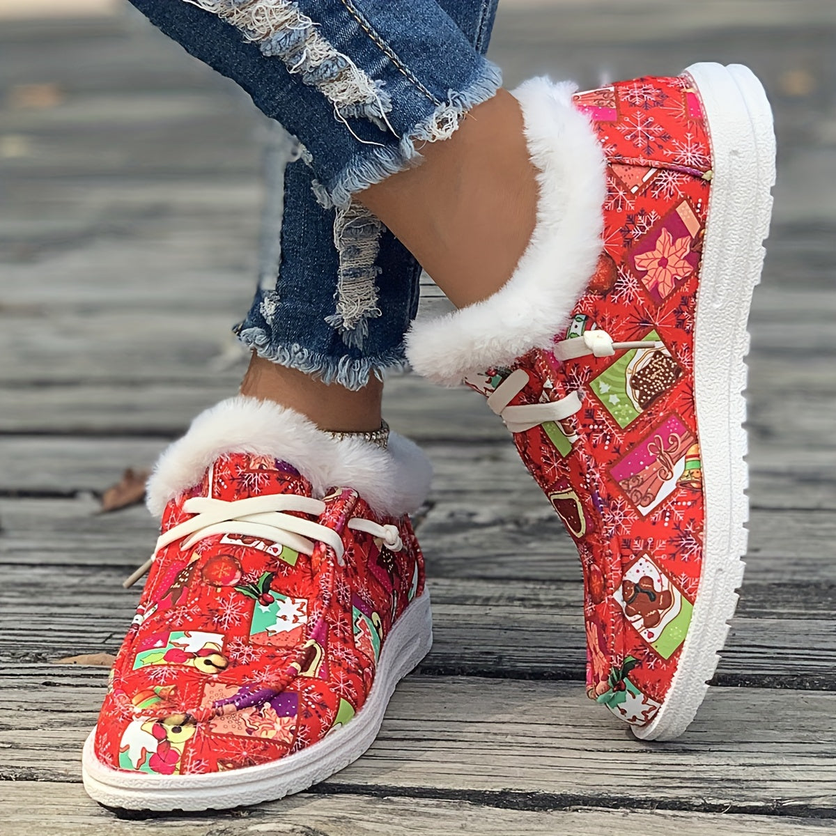 Women's Christmas Style Snow Boots Winter Plus Plush Warm Flat Lace up Shoes