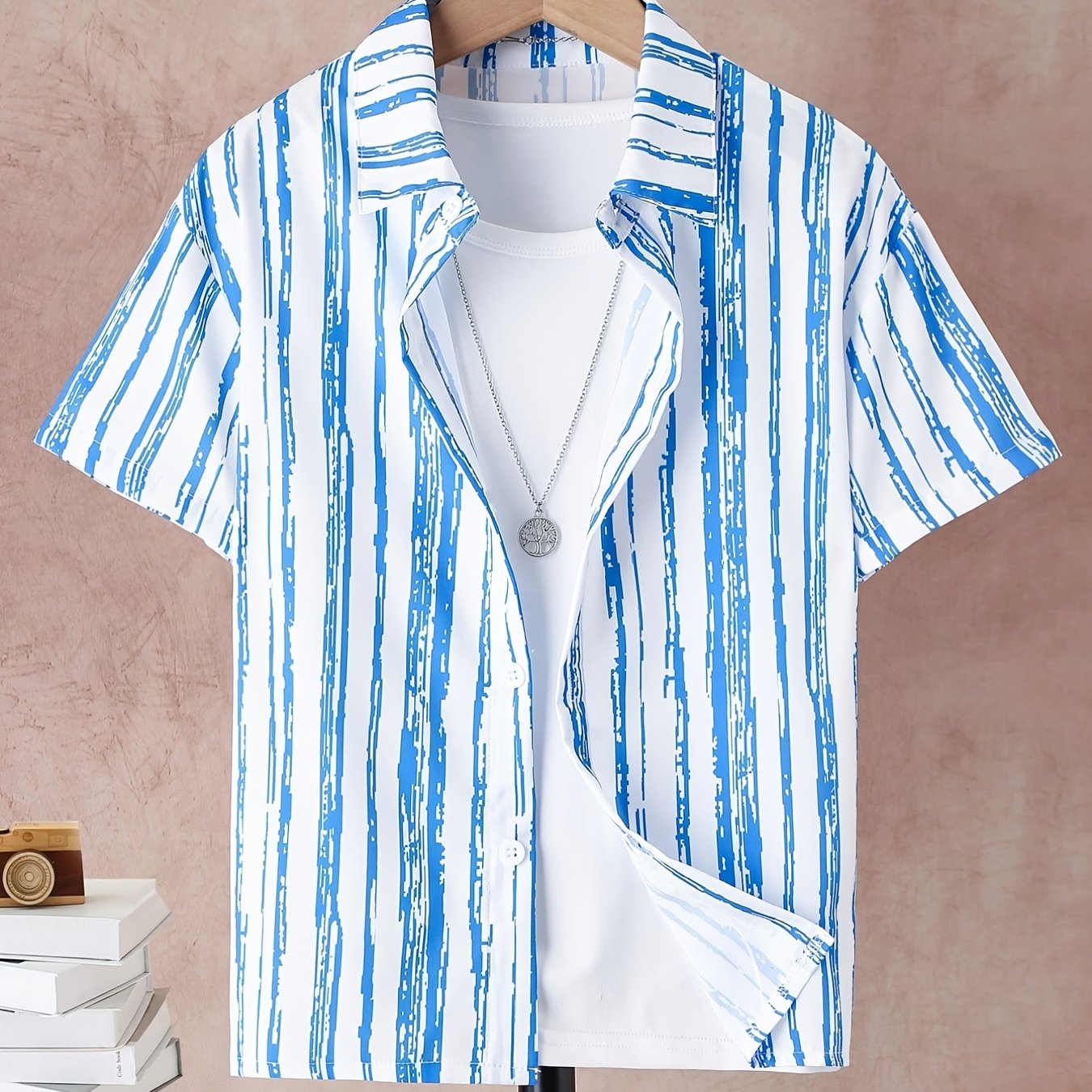 Hawaii Boys Striped Top Short Sleeve Lapel Shirt Outdoor