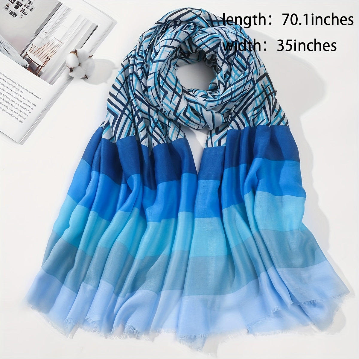 Casual Thin Scarf Frayed Edge Shawl Block Strip Print Sunscreen Head Wrap