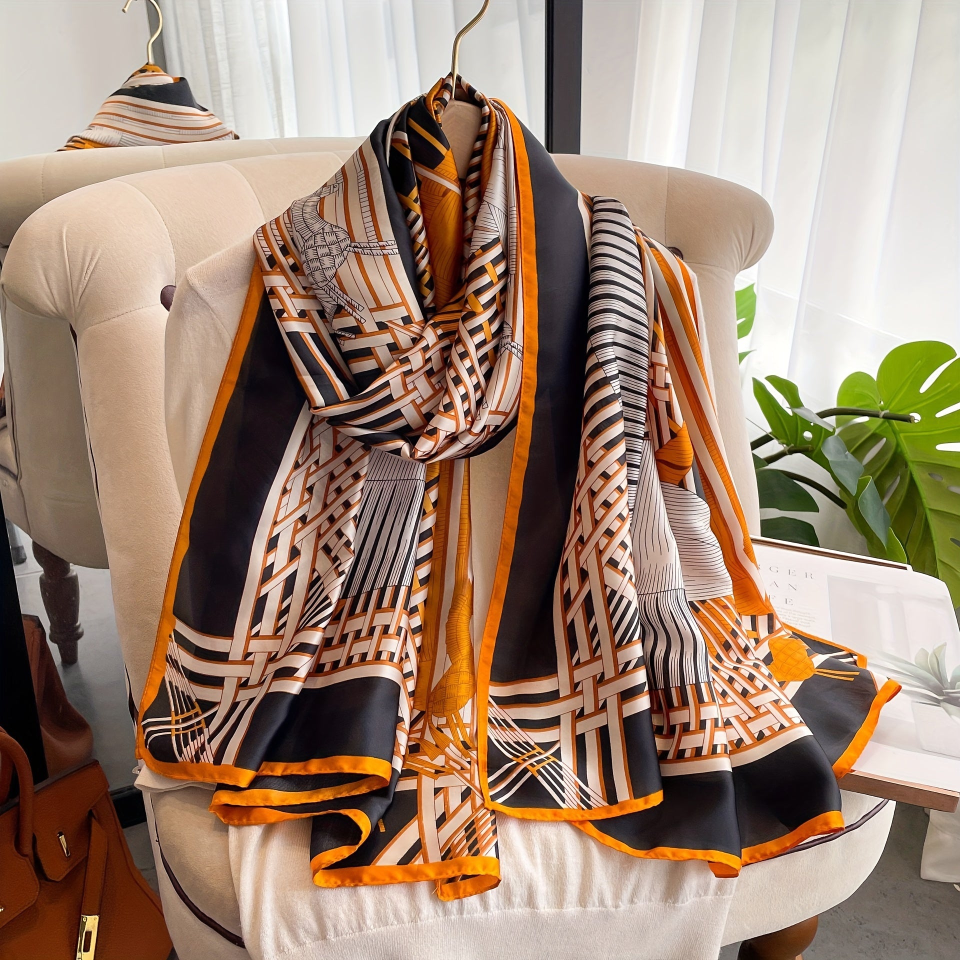 Geometric Horse Print Long Scarf Classic Silk Shawl Vintage