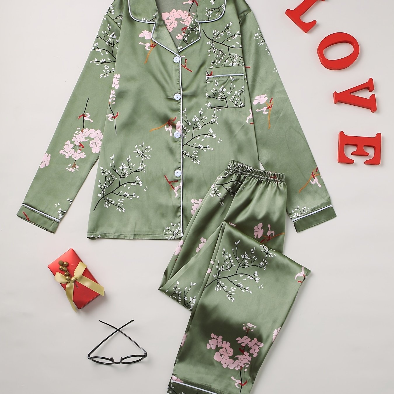 Floral Print Pajama Set Long Sleeve Blouse Top
