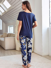 Floral Print Pajamas Set Short Sleeve Top & Pants Women's Sleepwear