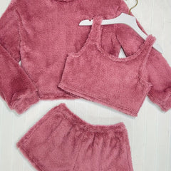 Cozy Fleece Loungewear Set: Long Sleeve Top, Tank Top & Shorts