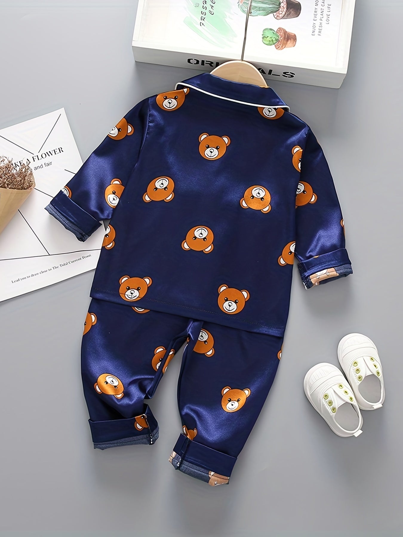 Boys 2pc Bear Print Pajamas Set Long Sleeve Top & Pants Kids Lounge Wear