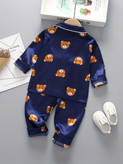Boys 2pc Bear Print Pajamas Set Long Sleeve Top & Pants Kids Lounge Wear