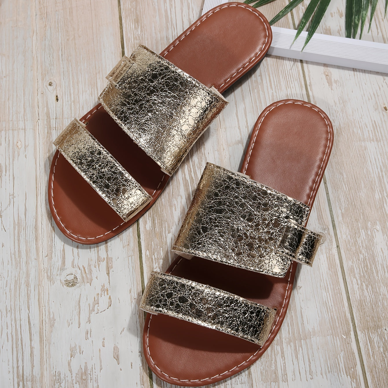 Women's Open Toe Flat Slides Casual Golden Slip On Slide Sandals