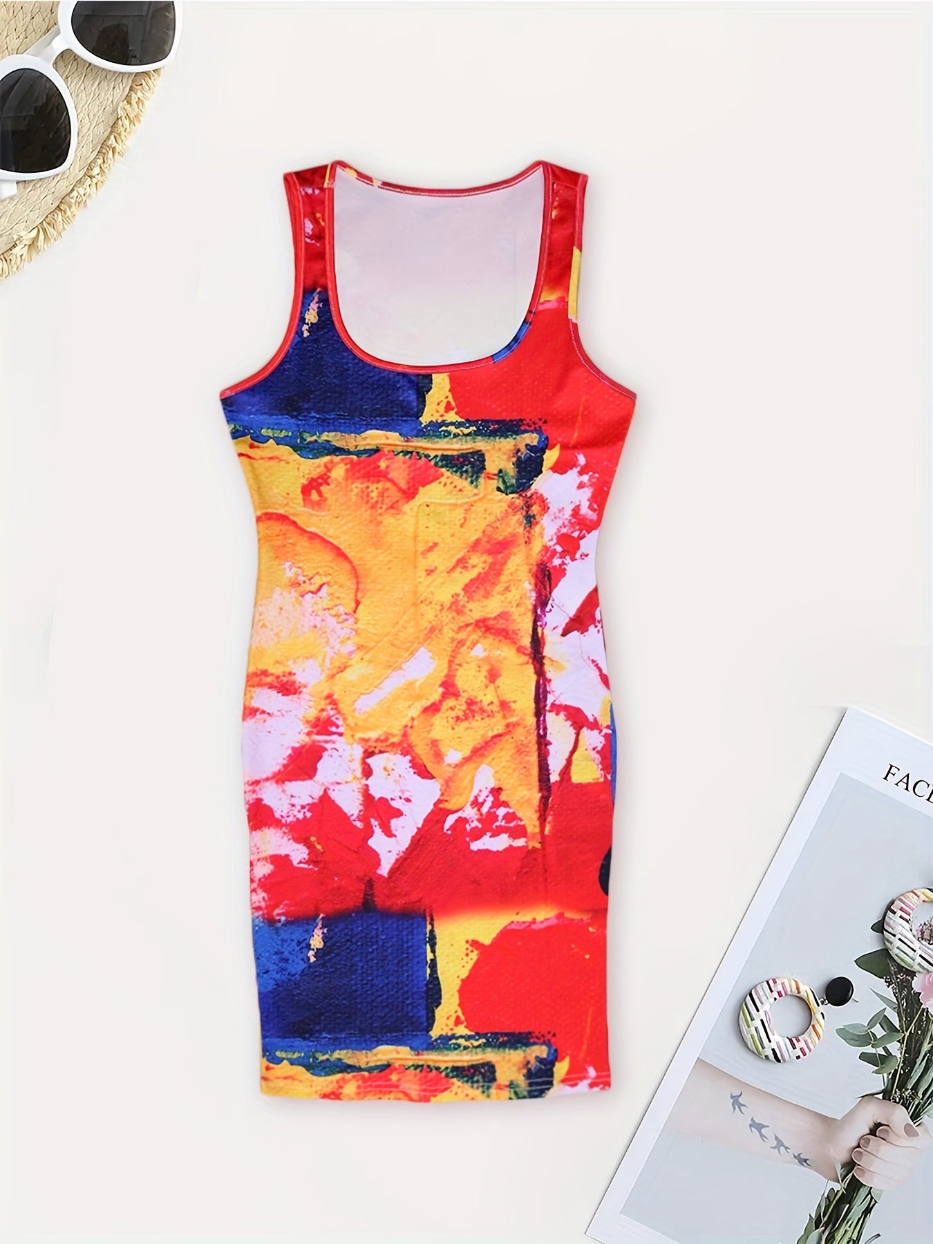 Casual Tank Dress Women's Plus Random Print Scoop Neck Slight Stretch