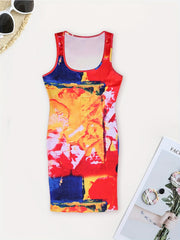 Casual Tank Dress Women's Plus Random Print Scoop Neck Slight Stretch