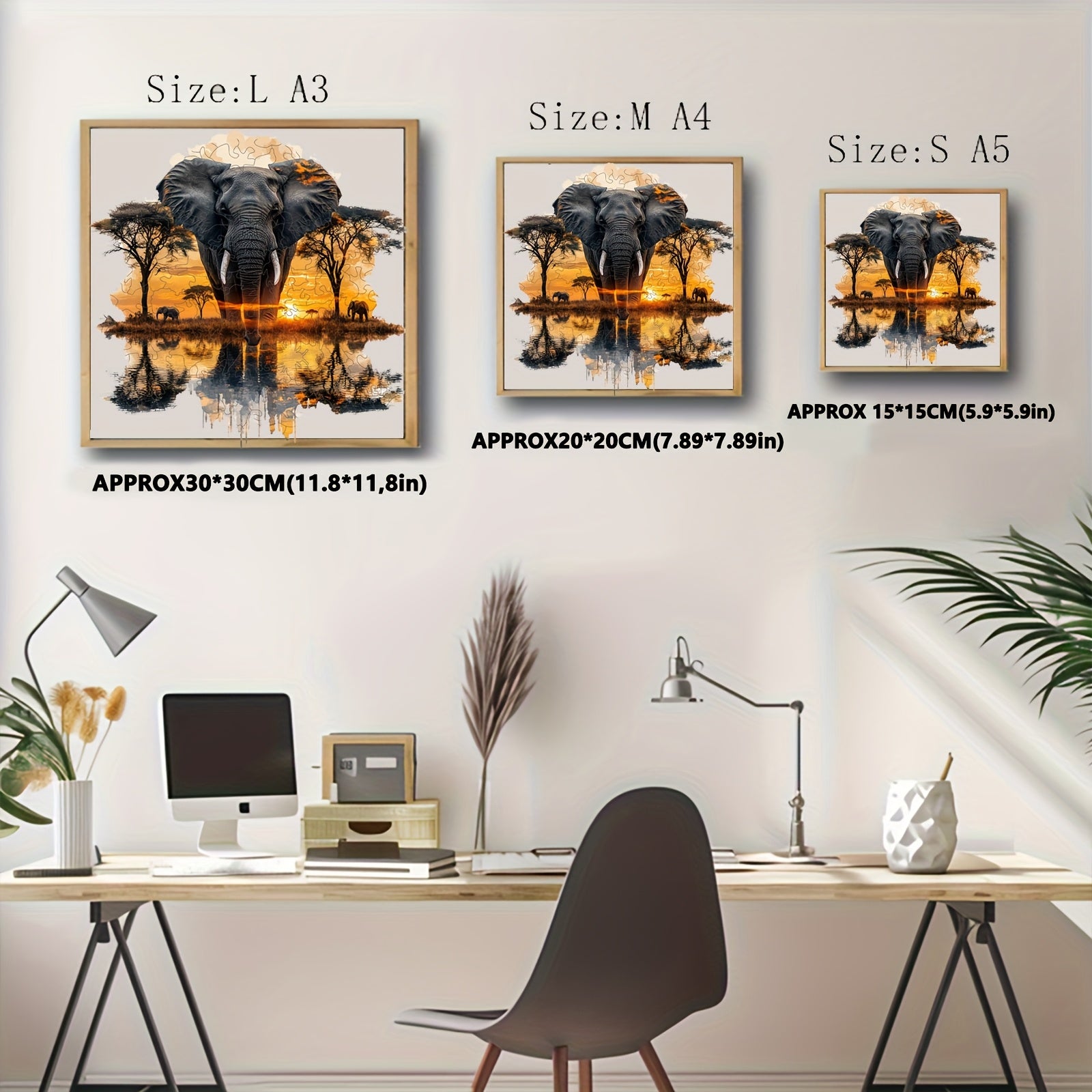 Elephant Forest Wooden Jigsaw Puzzle Vibrant Sunset Unique Animal Shapes