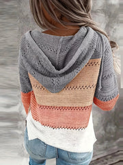 Block Hooded Knit Sweater V Neck Long Sleeve Casual Women's Clothing