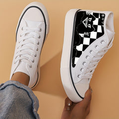 Cartoon Cat & Plaid Canvas High Top Shoes for Women