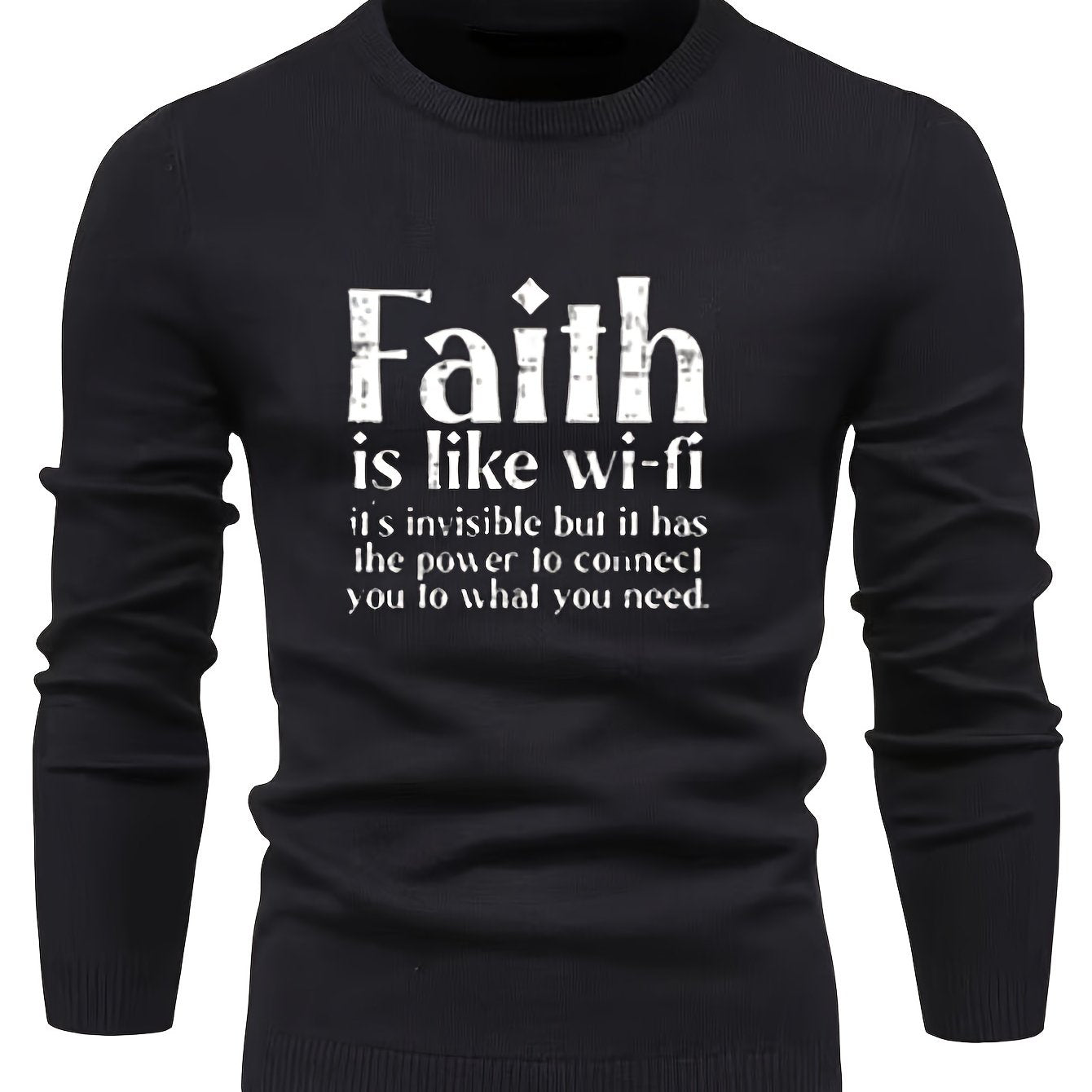 FAITH Retro Style Print Sweater Men's Casual Crew Neck Pullover