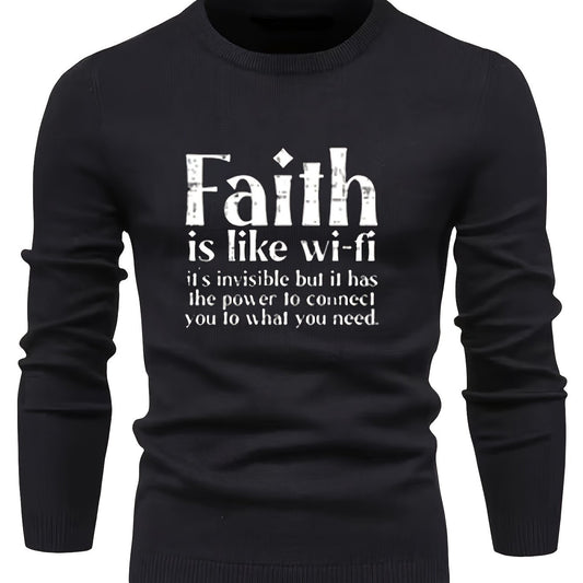 FAITH Retro Style Print Sweater Men's Casual Crew Neck Pullover