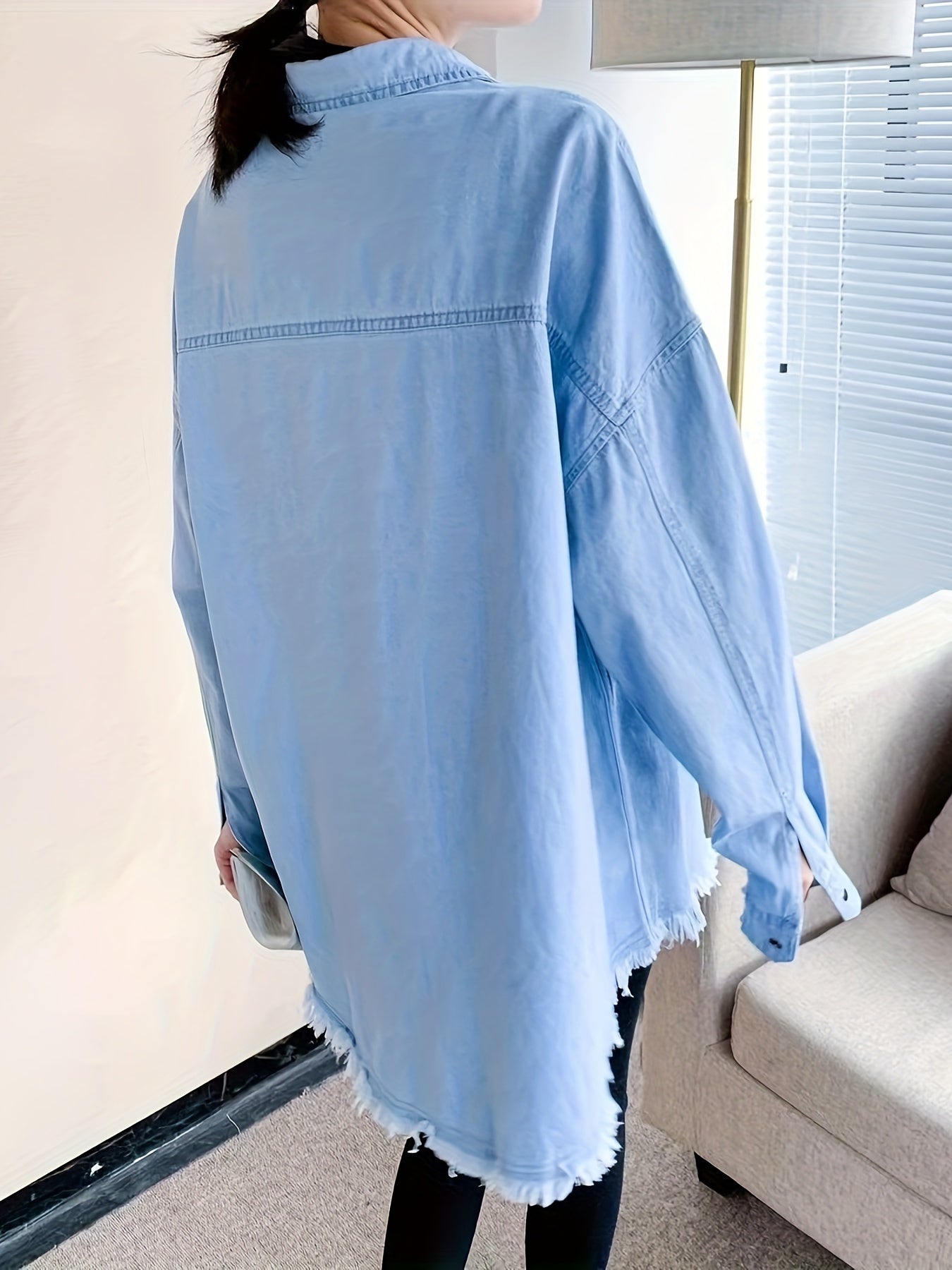 Women's Plus Casual Denim Blouse Solid Button Long Sleeve