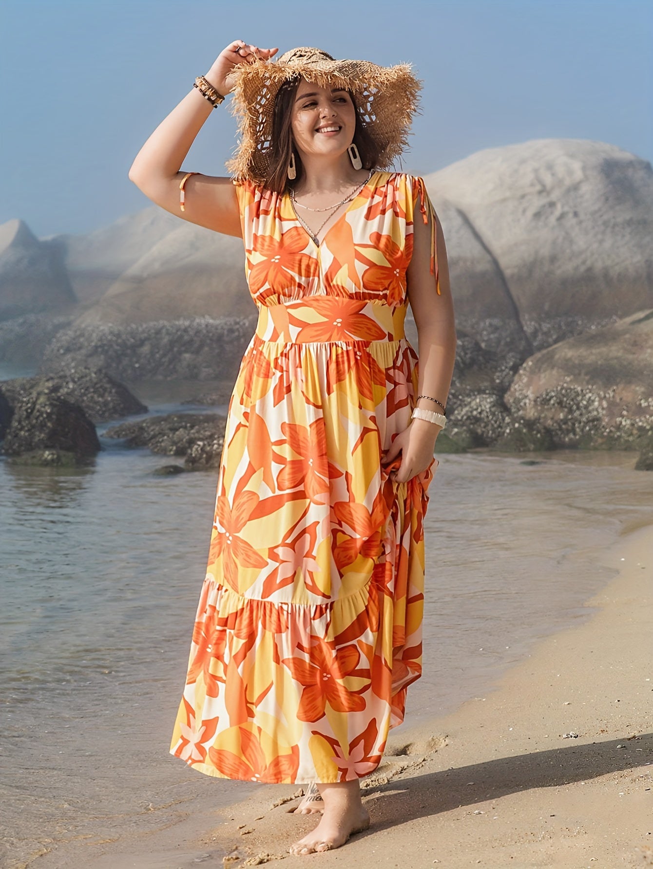 Floral Print V Neck Maxi Tank Dress Plus Size