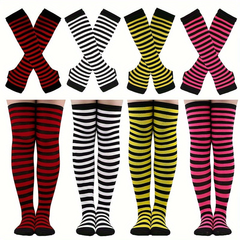Colorful Striped Knitted Thigh Long Stockings & Gloves Set