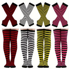 Colorful Striped Knitted Thigh Long Stockings & Gloves Set