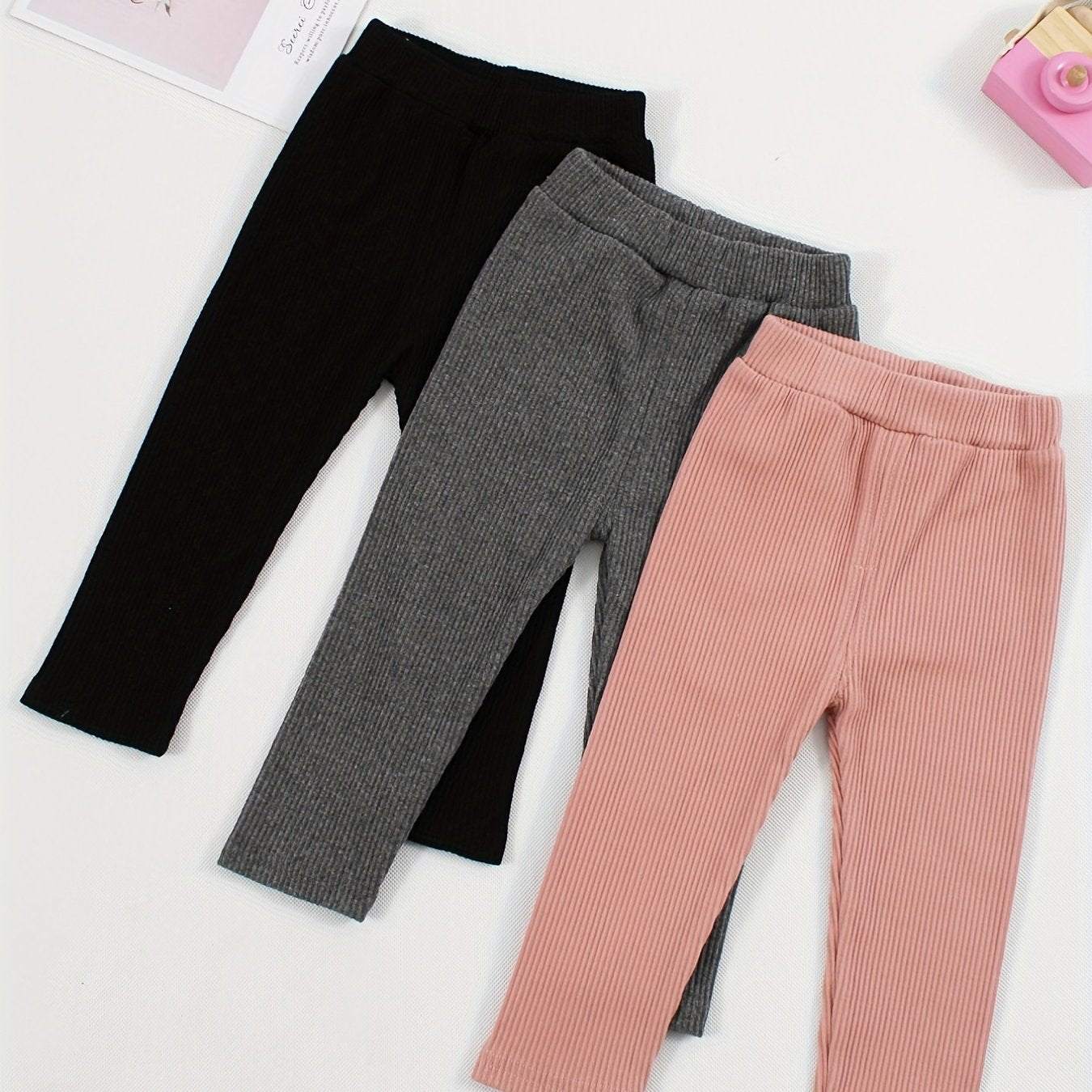 3pcs Girl's Comfy Ribbed Knit Leggings High Waist Casual Pants