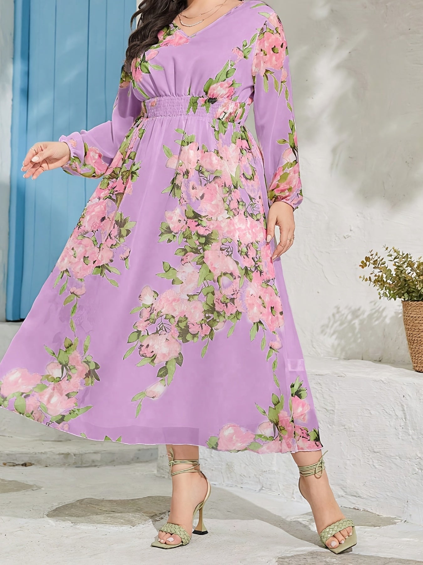 Abaya Dress Floral Print Lantern Sleeve V Neck Maxi Jalabiya Dress