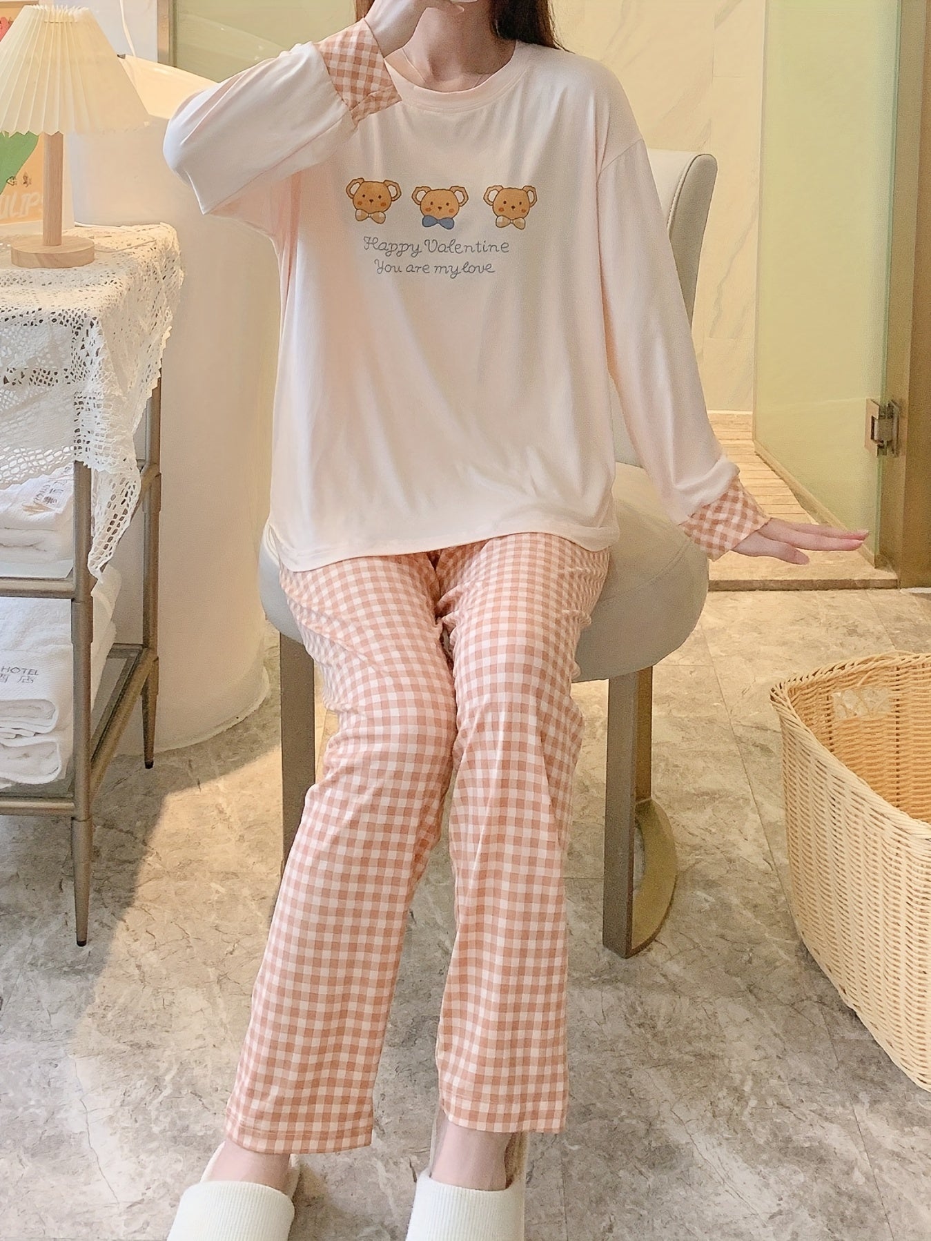 Bear & Plaid Pajama Set Long Sleeve Top & Pants